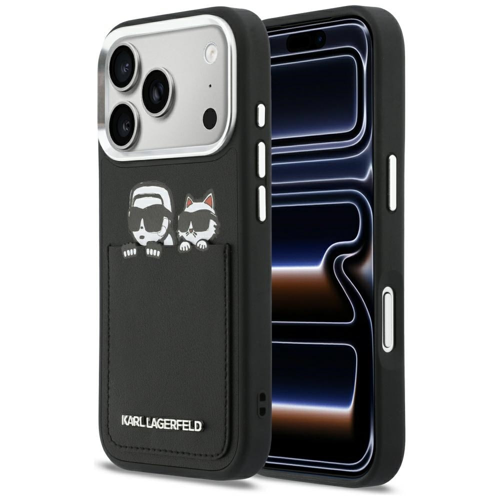 Deksel for Apple iPhone 17 Pro Max, Karl Lagerfeld, Karl & Choupette Print with Pocket, Svart