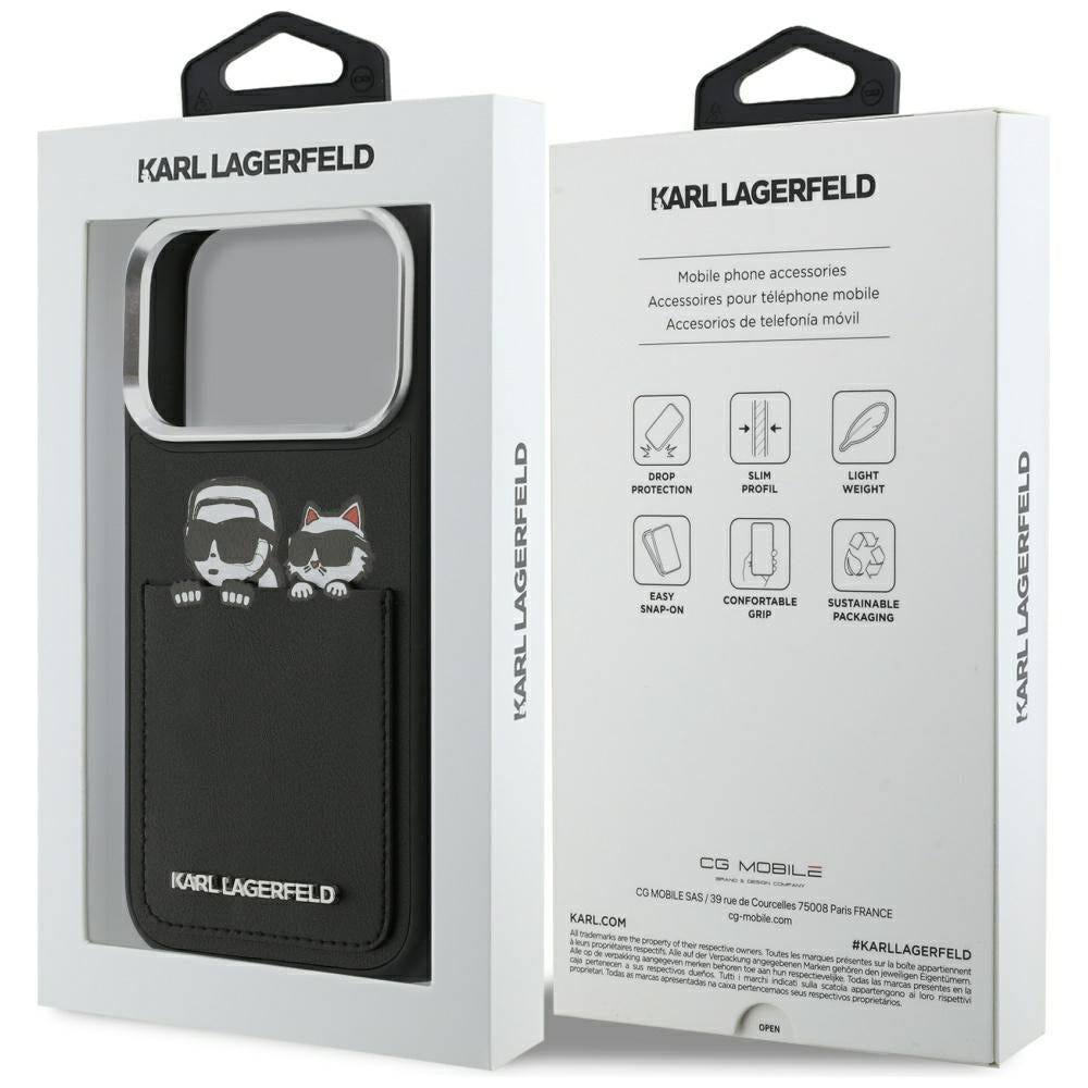 Deksel for Apple iPhone 17 Pro Max, Karl Lagerfeld, Karl & Choupette Print with Pocket, Svart