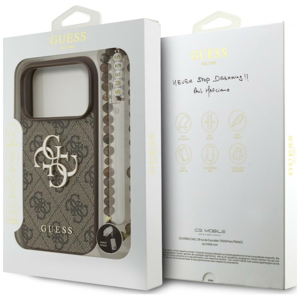 Deksel for Apple iPhone 18 Pro / 17 Pro, Guess, 4G Classic Logo med stropp, Brun