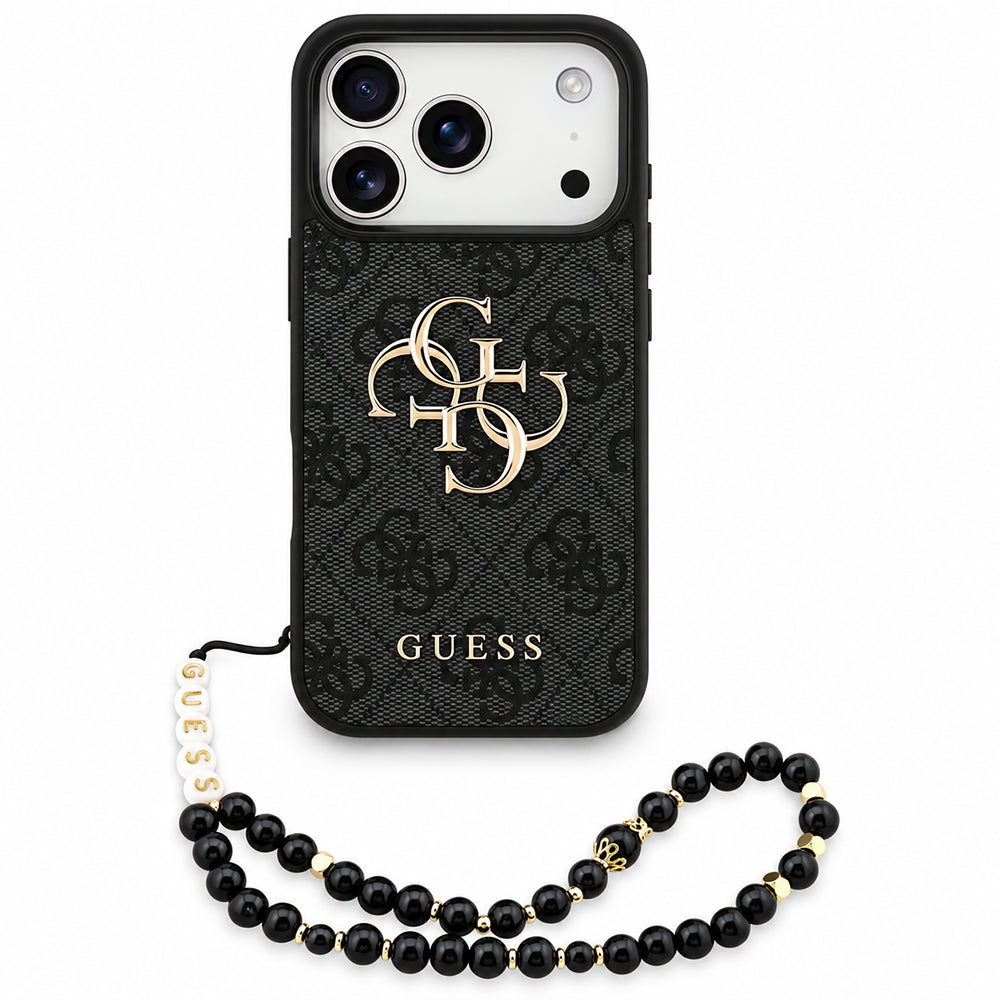 Deksel for Apple iPhone 18 Pro / 17 Pro, Guess, 4G Classic Logo med stropp, svart
