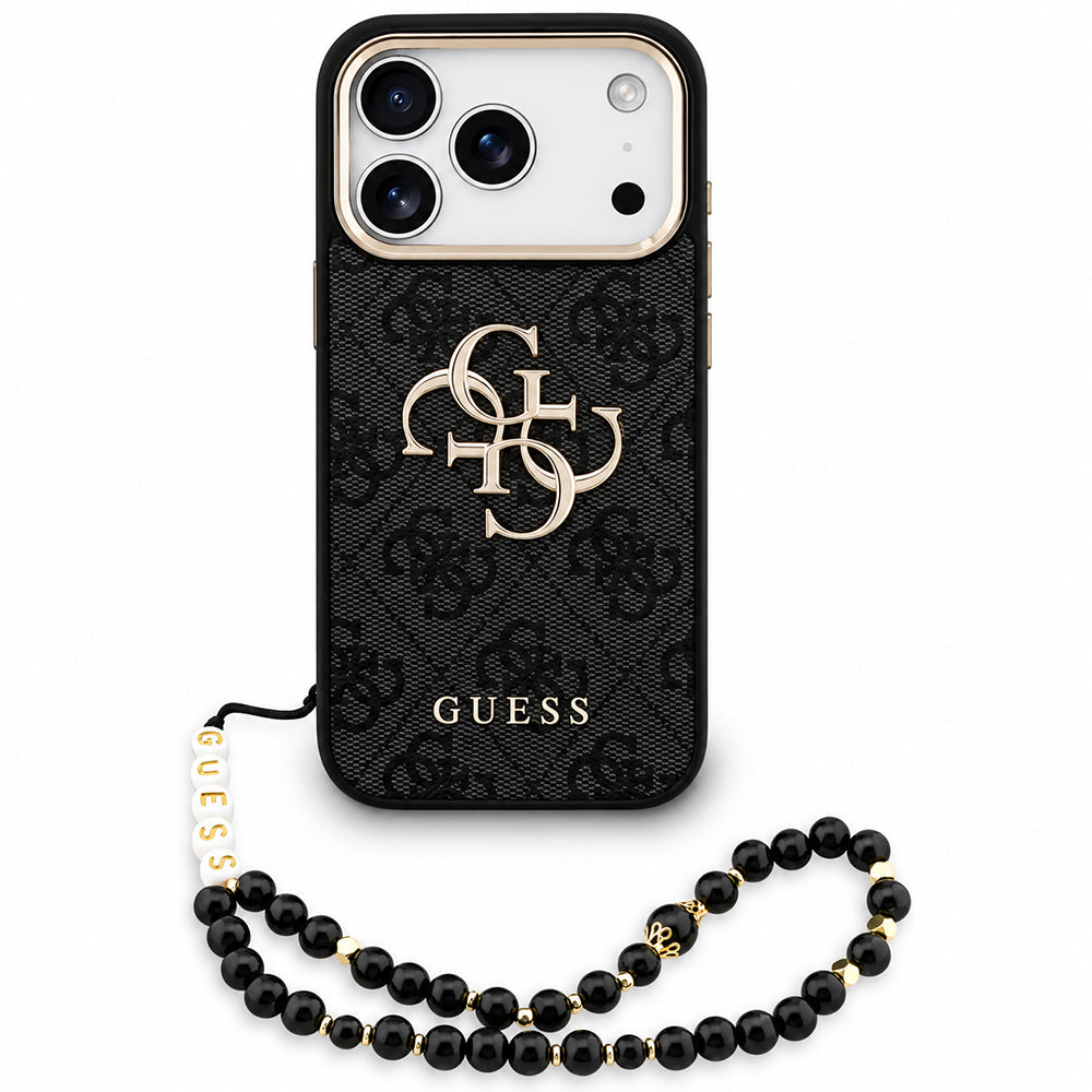 Deksel for Apple iPhone 18 Pro / 17 Pro, Guess, 4G Classic Logo med stropp, svart og gull