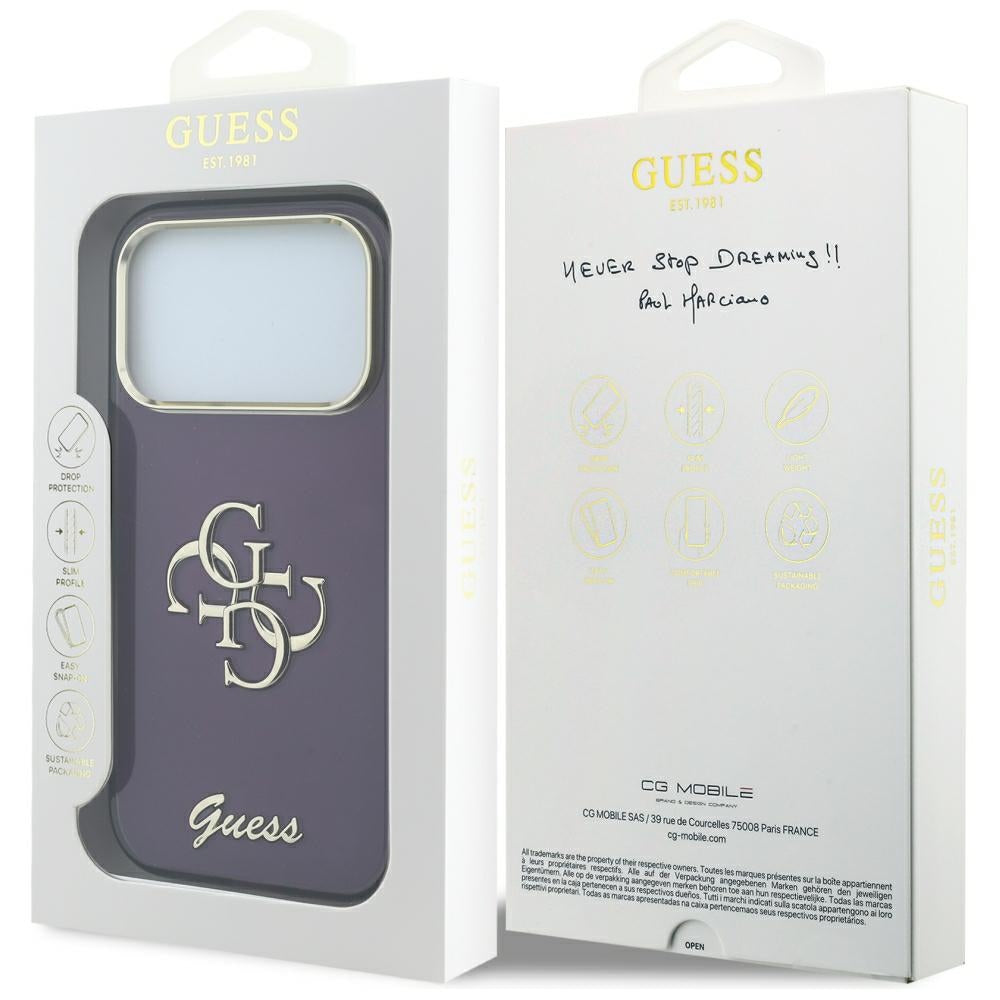 Deksel for Apple iPhone 18 Pro / 17 Pro, Guess, IML 4G Metal Script, Burgunder