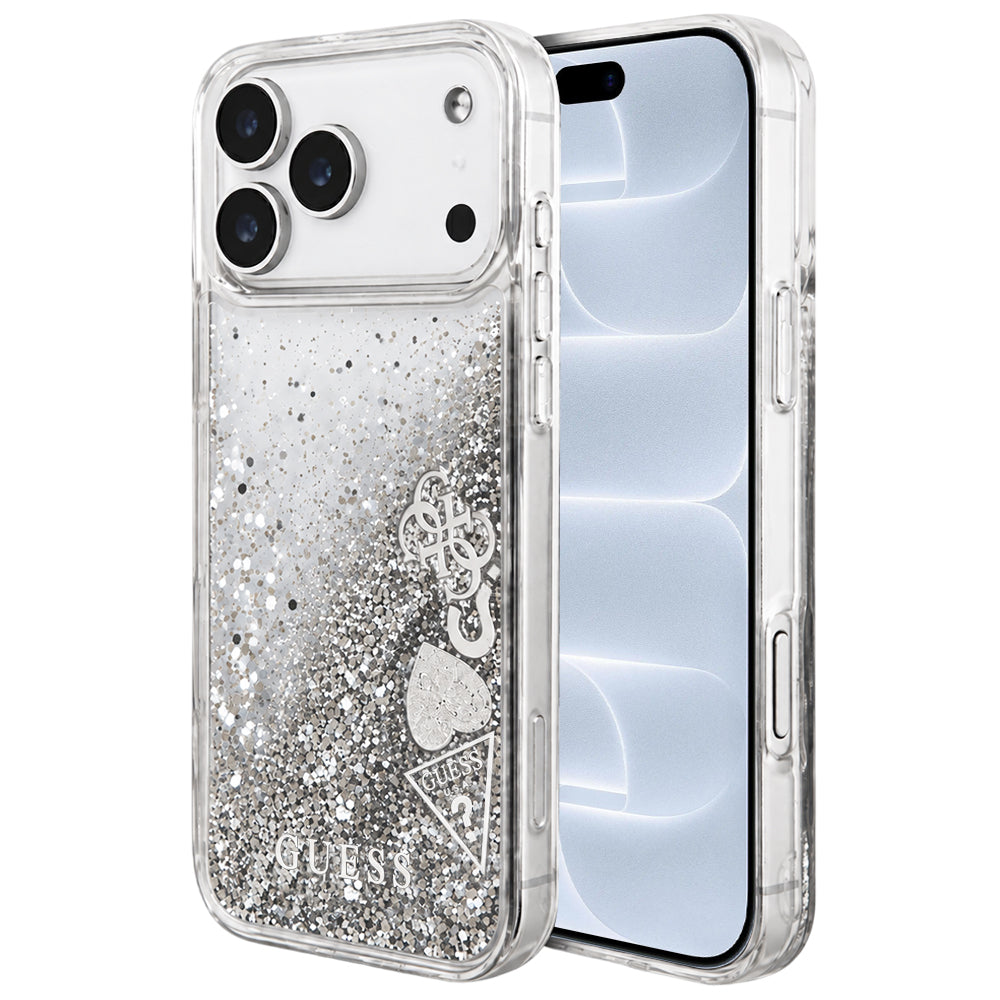 Deksel til Apple iPhone 18 Pro / 17 Pro, Guess, Liquid Glitter Charms, sølvfarget