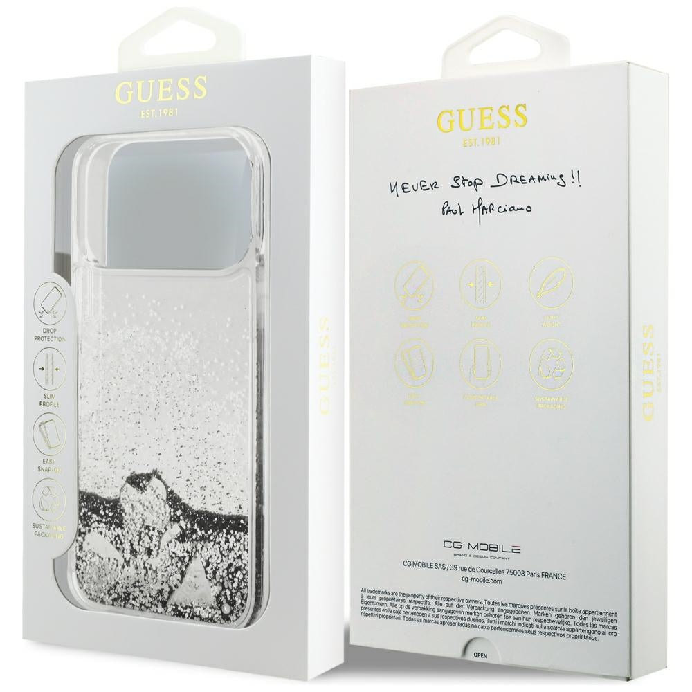 Deksel til Apple iPhone 18 Pro / 17 Pro, Guess, Liquid Glitter Charms, sølvfarget