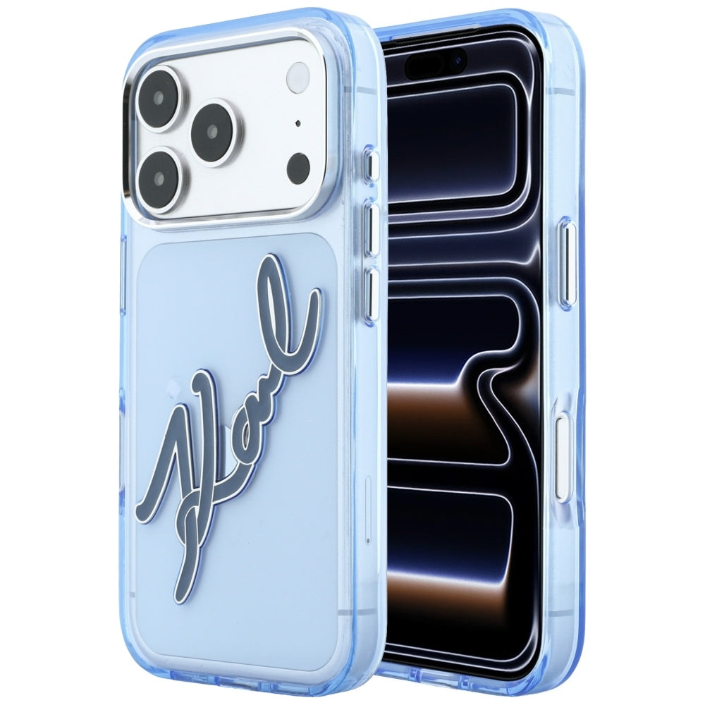 Deksel for Apple iPhone 18 Pro / 17 Pro, Karl Lagerfeld, IML Big Signature Resin Logo og Metallramme, Blå