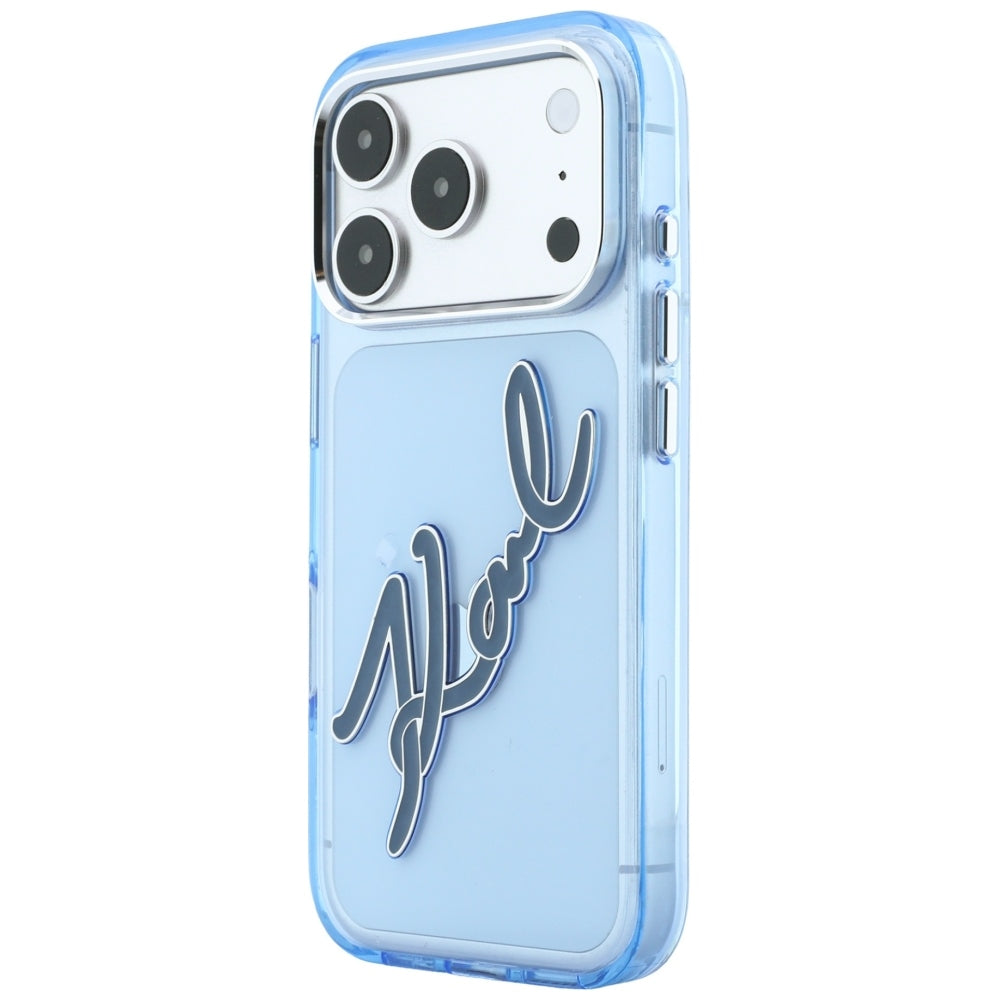 Deksel for Apple iPhone 18 Pro / 17 Pro, Karl Lagerfeld, IML Big Signature Resin Logo og Metallramme, Blå