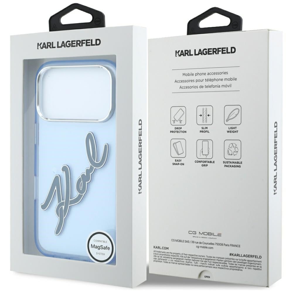 Deksel for Apple iPhone 18 Pro / 17 Pro, Karl Lagerfeld, IML Big Signature Resin Logo og Metallramme, Blå