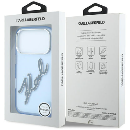 Deksel for Apple iPhone 18 Pro / 17 Pro, Karl Lagerfeld, IML Big Signature Resin Logo og Metallramme, Blå