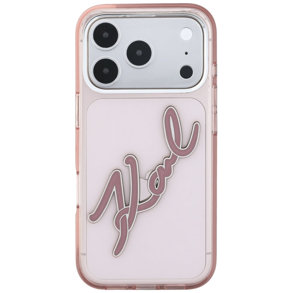 Deksel for Apple iPhone 18 Pro / 17 Pro, Karl Lagerfeld, IML Big Signature Resin Logo og Metallramme, Rosa