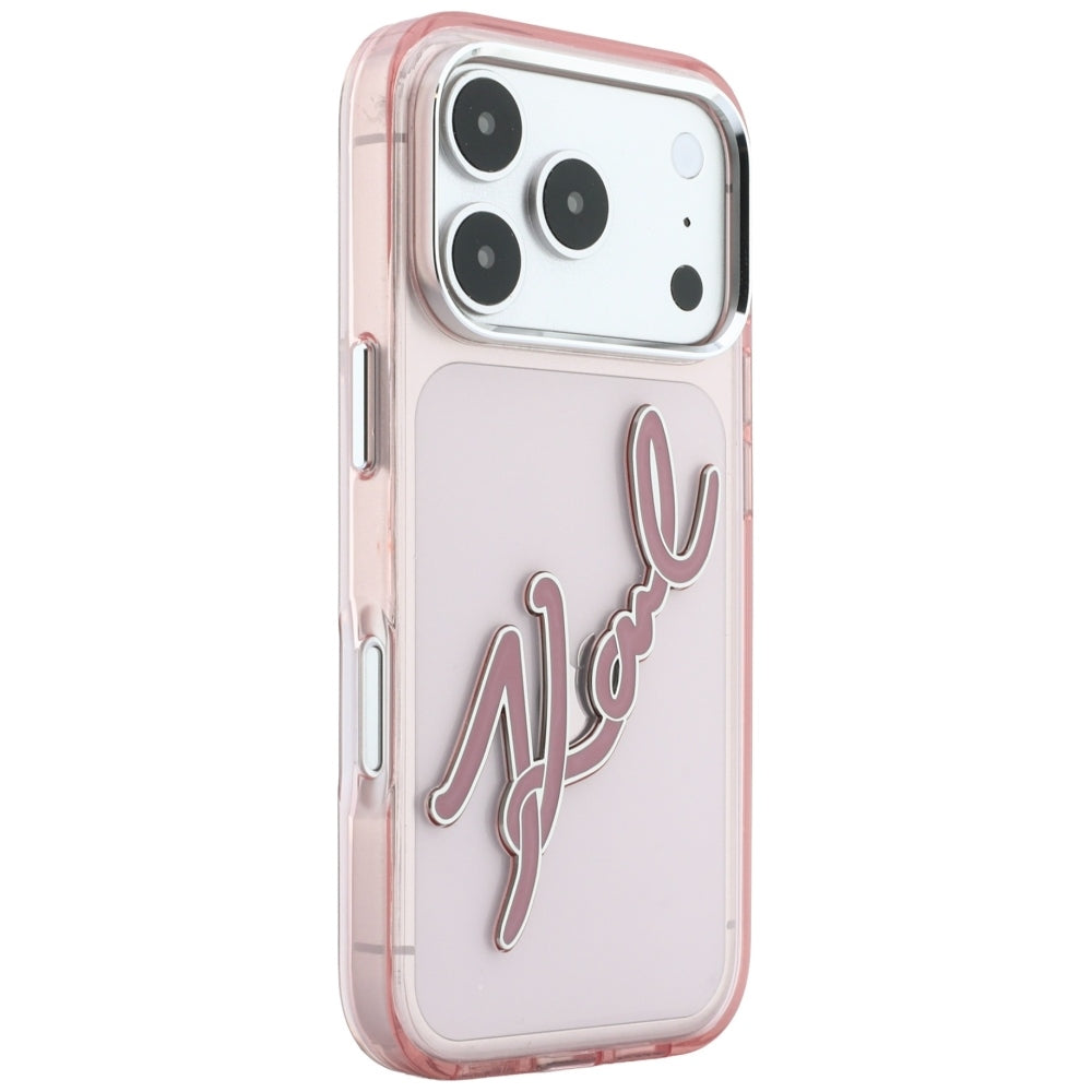 Deksel for Apple iPhone 18 Pro / 17 Pro, Karl Lagerfeld, IML Big Signature Resin Logo og Metallramme, Rosa
