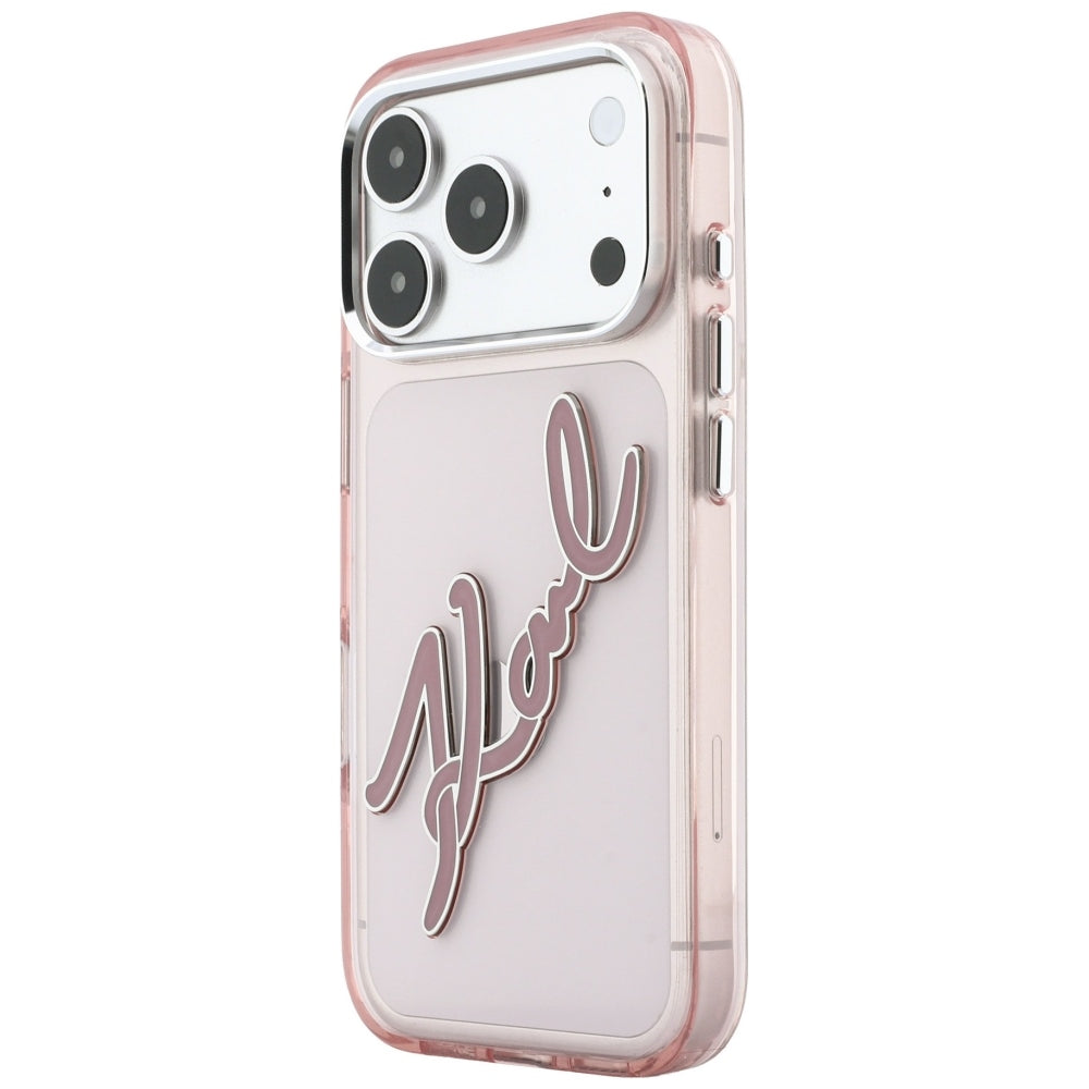 Deksel for Apple iPhone 18 Pro / 17 Pro, Karl Lagerfeld, IML Big Signature Resin Logo og Metallramme, Rosa