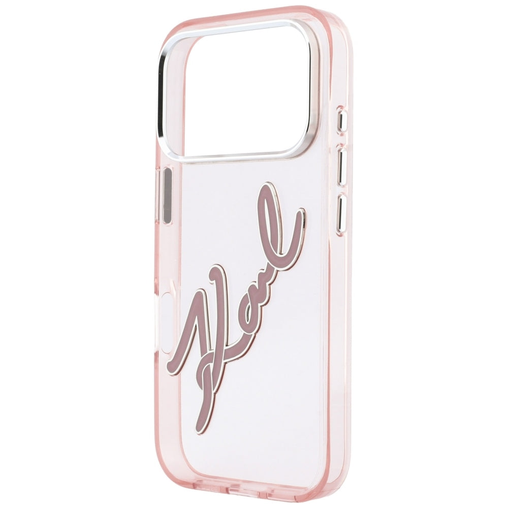 Deksel for Apple iPhone 18 Pro / 17 Pro, Karl Lagerfeld, IML Big Signature Resin Logo og Metallramme, Rosa