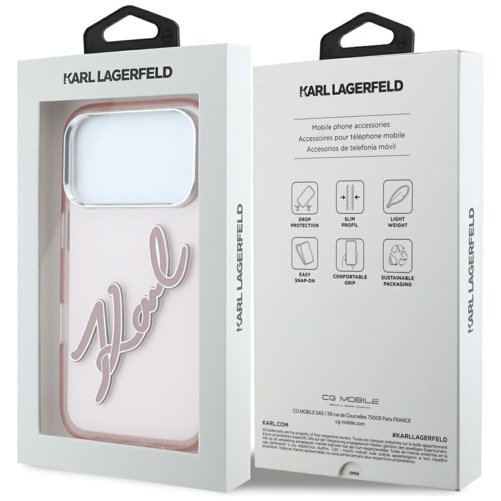 Deksel for Apple iPhone 18 Pro / 17 Pro, Karl Lagerfeld, IML Big Signature Resin Logo og Metallramme, Rosa