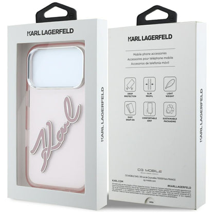 Deksel for Apple iPhone 18 Pro / 17 Pro, Karl Lagerfeld, IML Big Signature Resin Logo og Metallramme, Rosa