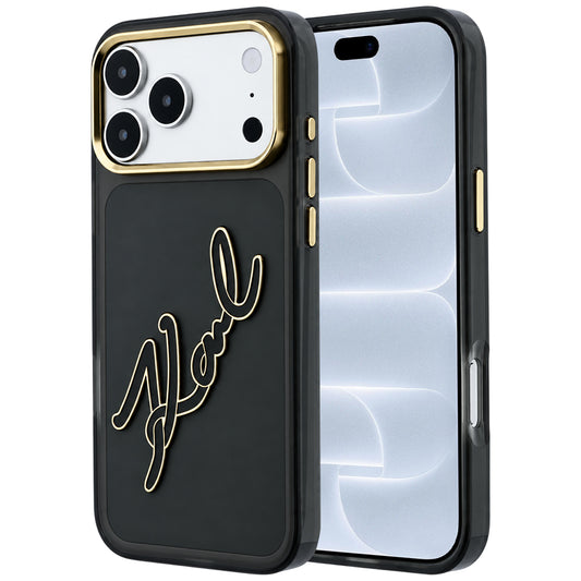 Deksel for Apple iPhone 18 Pro / 17 Pro, Karl Lagerfeld, IML Big Signature Resin Logo og Metallramme, Svart