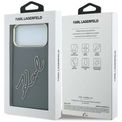Deksel for Apple iPhone 18 Pro / 17 Pro, Karl Lagerfeld, IML Big Signature Resin Logo og Metallramme, Svart