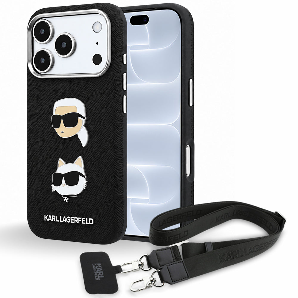 Deksel til Apple iPhone 18 Pro / 17 Pro, Karl Lagerfeld, Saffiano Crossbody Karl & Choupette Head's Pins-logo, svart