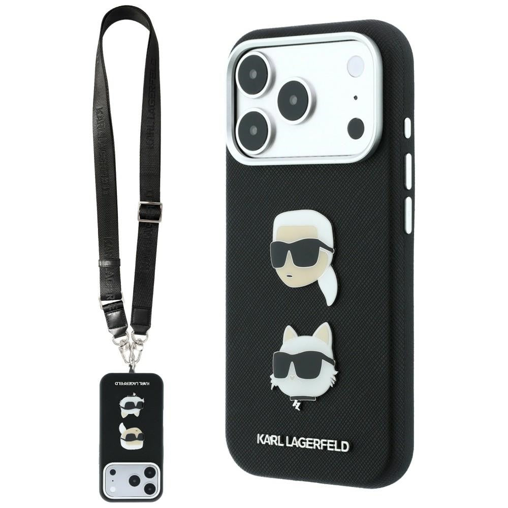 Deksel til Apple iPhone 18 Pro / 17 Pro, Karl Lagerfeld, Saffiano Crossbody Karl & Choupette Head's Pins-logo, svart