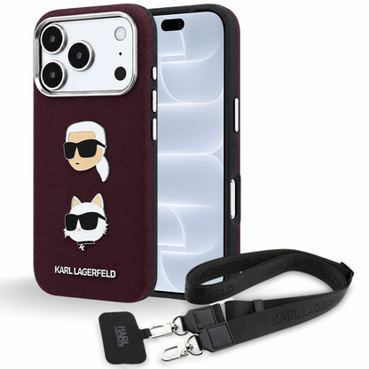 Deksel til Apple iPhone 18 Pro / 17 Pro, Karl Lagerfeld, Saffiano Crossbody Karl & Choupette Head's Pins Logo, burgunderrød