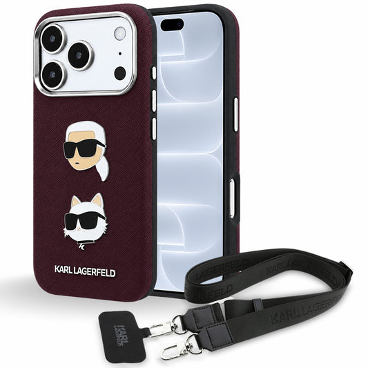 Deksel til Apple iPhone 18 Pro / 17 Pro, Karl Lagerfeld, Saffiano Crossbody Karl & Choupette Head's Pins Logo, burgunderrød