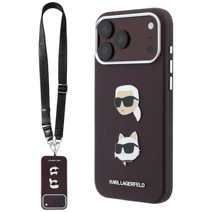 Deksel til Apple iPhone 18 Pro / 17 Pro, Karl Lagerfeld, Saffiano Crossbody Karl & Choupette Head's Pins Logo, burgunderrød