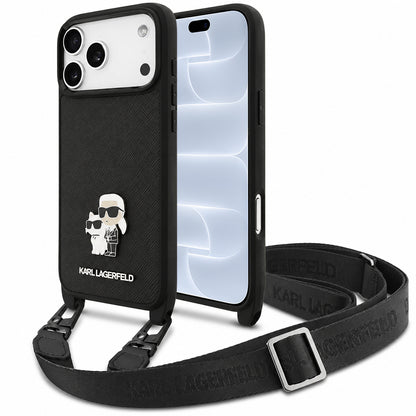 Deksel til Apple iPhone 18 Pro / 17 Pro, Karl Lagerfeld, Saffiano Crossbody Metal Pin Karl & Choupette, svart