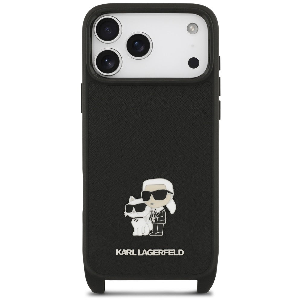 Deksel til Apple iPhone 18 Pro / 17 Pro, Karl Lagerfeld, Saffiano Crossbody Metal Pin Karl & Choupette, svart