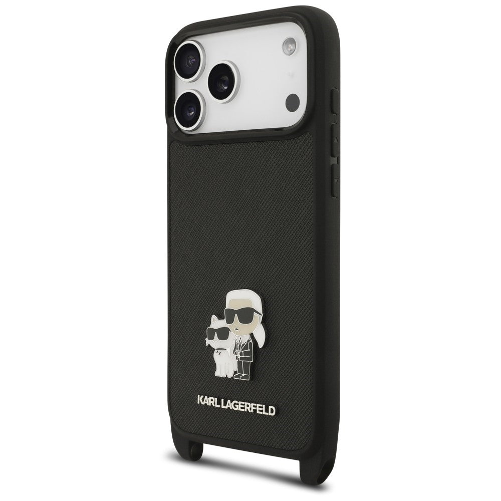 Deksel til Apple iPhone 18 Pro / 17 Pro, Karl Lagerfeld, Saffiano Crossbody Metal Pin Karl & Choupette, svart