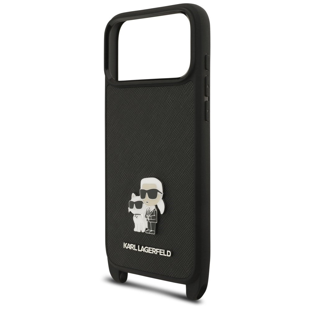 Deksel til Apple iPhone 18 Pro / 17 Pro, Karl Lagerfeld, Saffiano Crossbody Metal Pin Karl & Choupette, svart