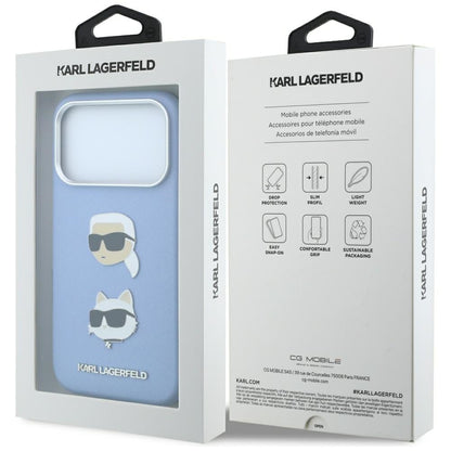 Deksel til Apple iPhone 18 Pro / 17 Pro, Karl Lagerfeld, Saffiano med Karl & Choupette-hodepin og logo, blå