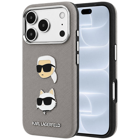Deksel til Apple iPhone 18 Pro / 17 Pro, Karl Lagerfeld, Saffiano med Karl & Choupette-hodepin og logo, grå
