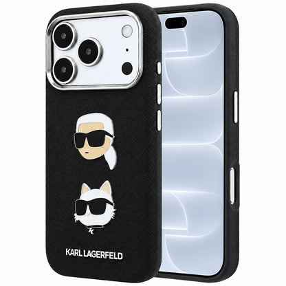 Deksel til Apple iPhone 18 Pro / 17 Pro, Karl Lagerfeld, Saffiano med Karl & Choupette-hodepin og logo, svart