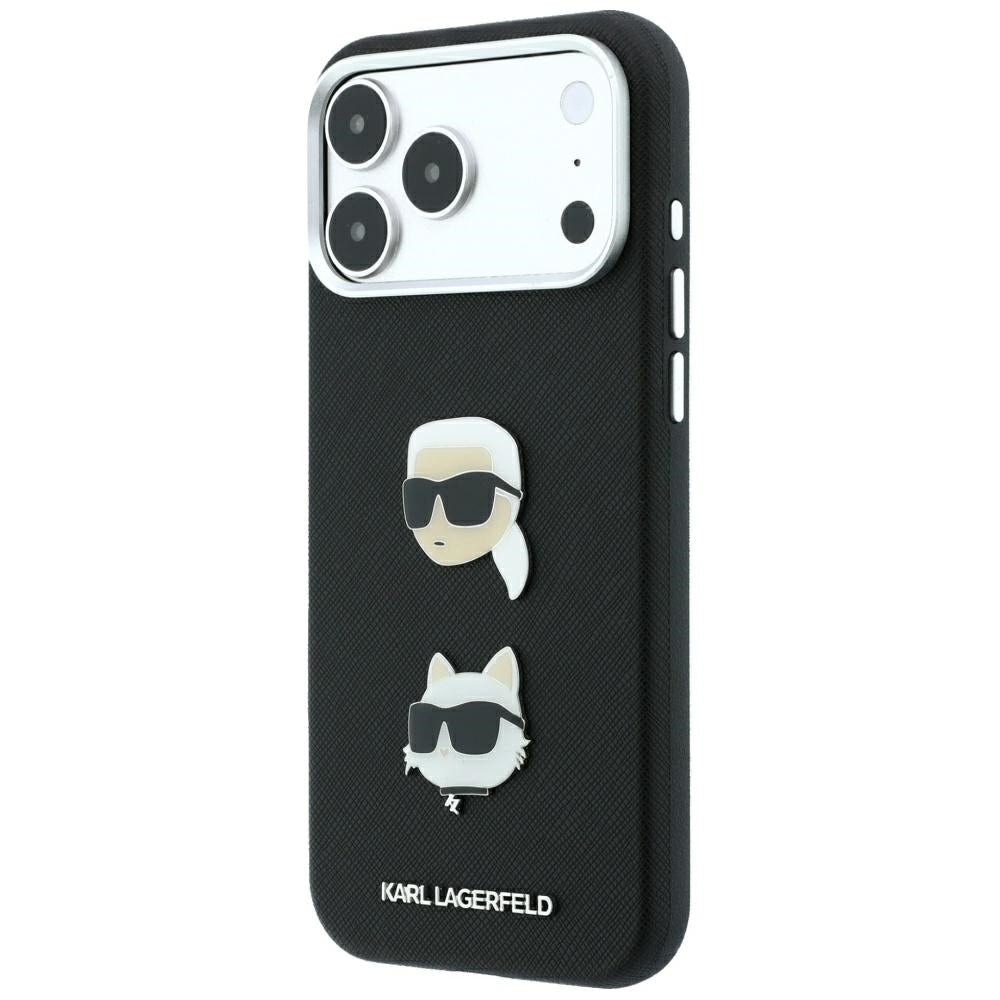 Deksel til Apple iPhone 18 Pro / 17 Pro, Karl Lagerfeld, Saffiano med Karl & Choupette-hodepin og logo, svart