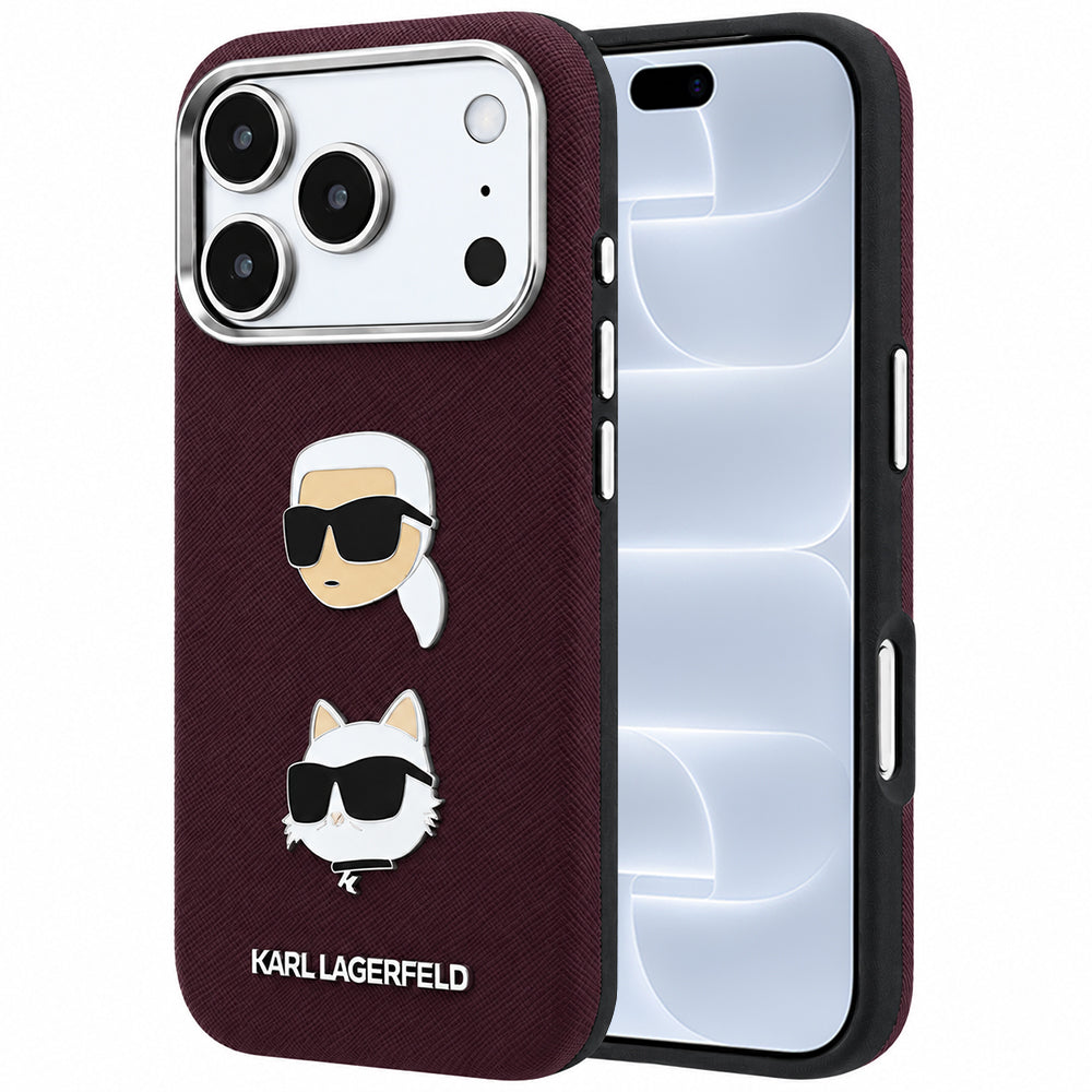 Deksel for Apple iPhone 18 Pro / 17 Pro, Karl Lagerfeld, Saffiano med Karl & Choupette-hodepin og logo, Burgunder