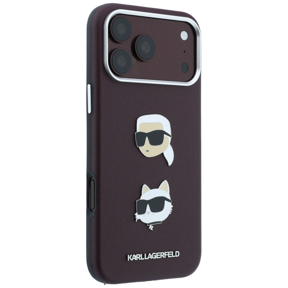 Deksel for Apple iPhone 18 Pro / 17 Pro, Karl Lagerfeld, Saffiano med Karl & Choupette-hodepin og logo, Burgunder