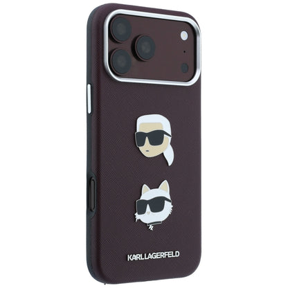 Deksel for Apple iPhone 18 Pro / 17 Pro, Karl Lagerfeld, Saffiano med Karl & Choupette-hodepin og logo, Burgunder