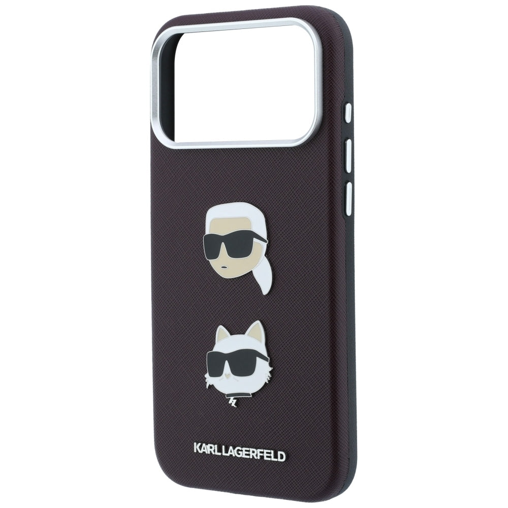 Deksel for Apple iPhone 18 Pro / 17 Pro, Karl Lagerfeld, Saffiano med Karl & Choupette-hodepin og logo, Burgunder