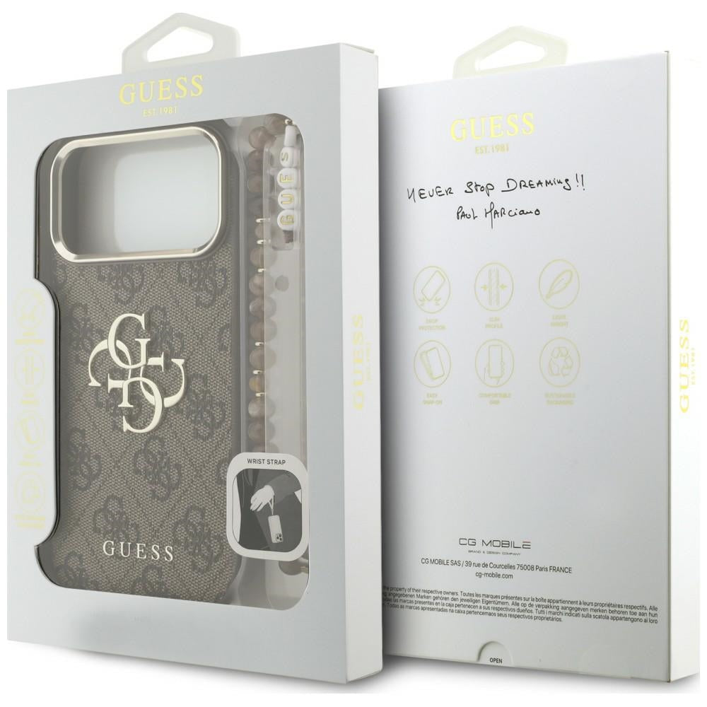 Deksel for Apple iPhone 18 Pro Max / 17 Pro Max, Guess, 4G Classic Logo med stropp, Brun Gull