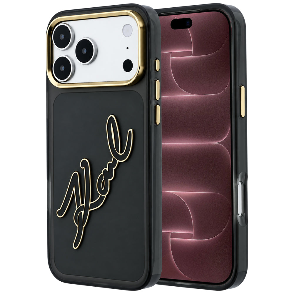 Deksel for Apple iPhone 18 Pro Max / 17 Pro Max, Karl Lagerfeld, IML Big Signature Resin Logo Metallramme, Svart