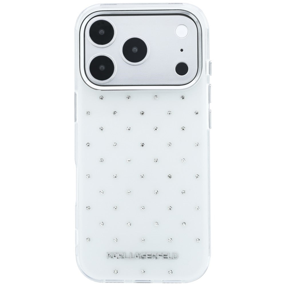 Deksel for Apple iPhone 18 Pro Max / 17 Pro Max, Karl Lagerfeld, IML Rhinestones og Elektroplettert Logo, Hvit