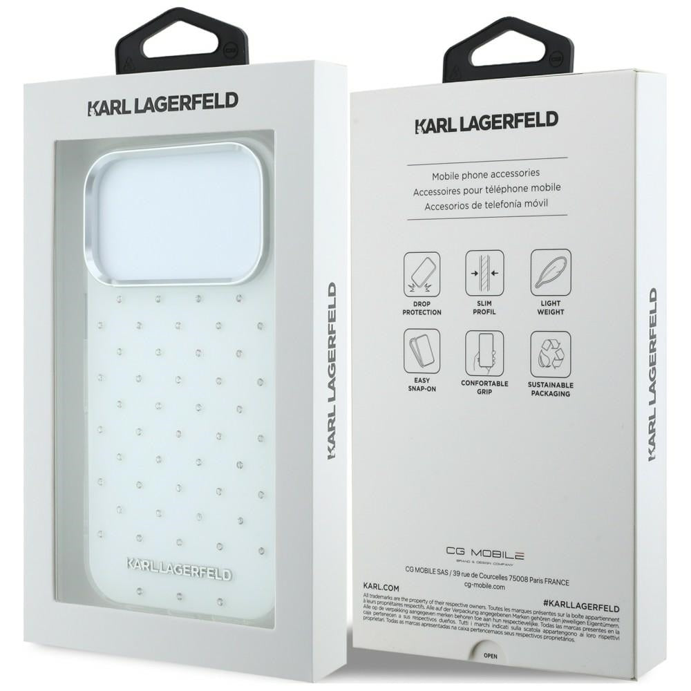 Deksel for Apple iPhone 18 Pro Max / 17 Pro Max, Karl Lagerfeld, IML Rhinestones og Elektroplettert Logo, Hvit