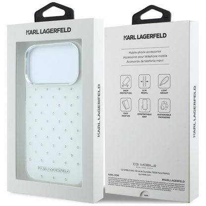 Deksel for Apple iPhone 18 Pro Max / 17 Pro Max, Karl Lagerfeld, IML Rhinestones og Elektroplettert Logo, Hvit