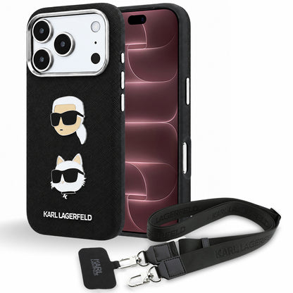 Deksel til Apple iPhone 18 Pro Max / 17 Pro Max, Karl Lagerfeld, Saffiano Crossbody Karl & Choupette Head's Pins-logo, svart