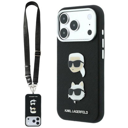Deksel til Apple iPhone 18 Pro Max / 17 Pro Max, Karl Lagerfeld, Saffiano Crossbody Karl & Choupette Head's Pins-logo, svart