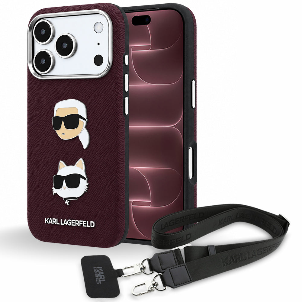 Deksel til Apple iPhone 18 Pro Max / 17 Pro Max, Karl Lagerfeld, Saffiano Crossbody Karl & Choupette Head's Pins Logo, burgunderrød