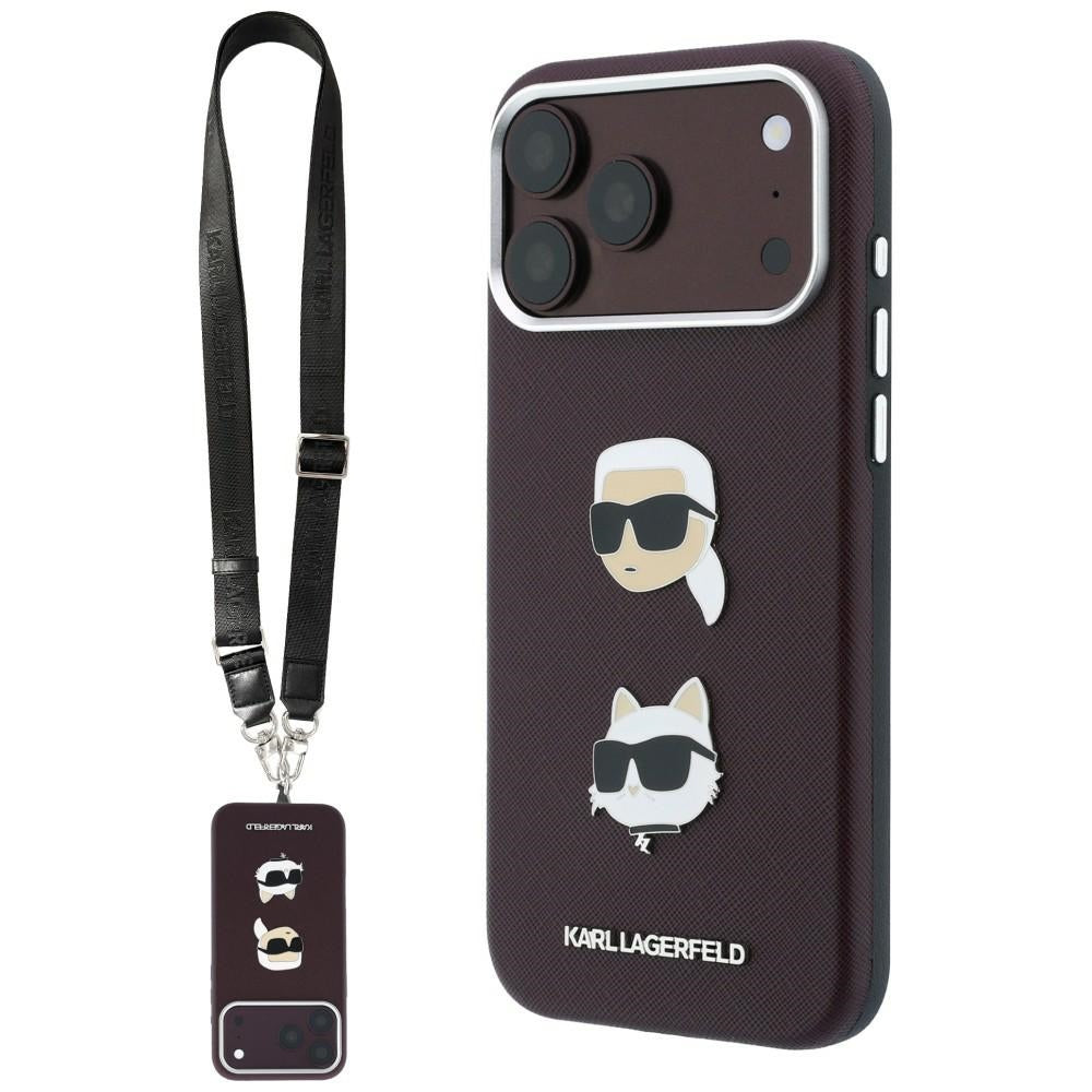 Deksel til Apple iPhone 18 Pro Max / 17 Pro Max, Karl Lagerfeld, Saffiano Crossbody Karl & Choupette Head's Pins Logo, burgunderrød