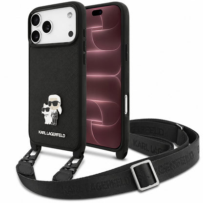 Deksel til Apple iPhone 18 Pro Max / 17 Pro Max, Karl Lagerfeld, Saffiano Crossbody Metal Pin Karl & Choupette, svart