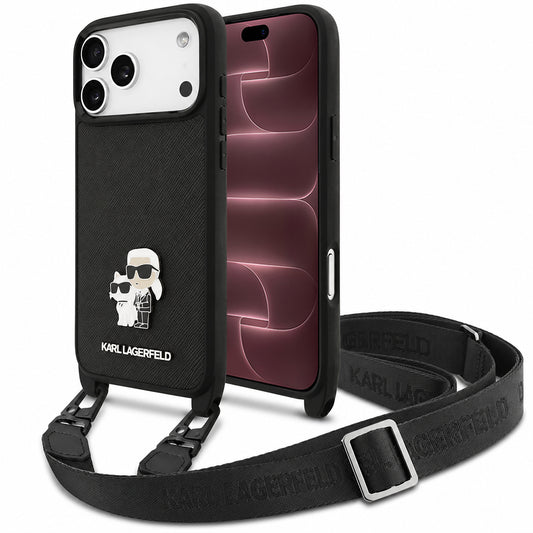 Deksel til Apple iPhone 18 Pro Max / 17 Pro Max, Karl Lagerfeld, Saffiano Crossbody Metal Pin Karl & Choupette, svart