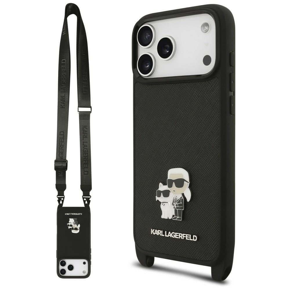 Deksel til Apple iPhone 18 Pro Max / 17 Pro Max, Karl Lagerfeld, Saffiano Crossbody Metal Pin Karl & Choupette, svart