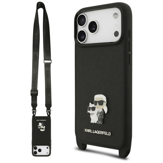 Deksel til Apple iPhone 18 Pro Max / 17 Pro Max, Karl Lagerfeld, Saffiano Crossbody Metal Pin Karl & Choupette, svart
